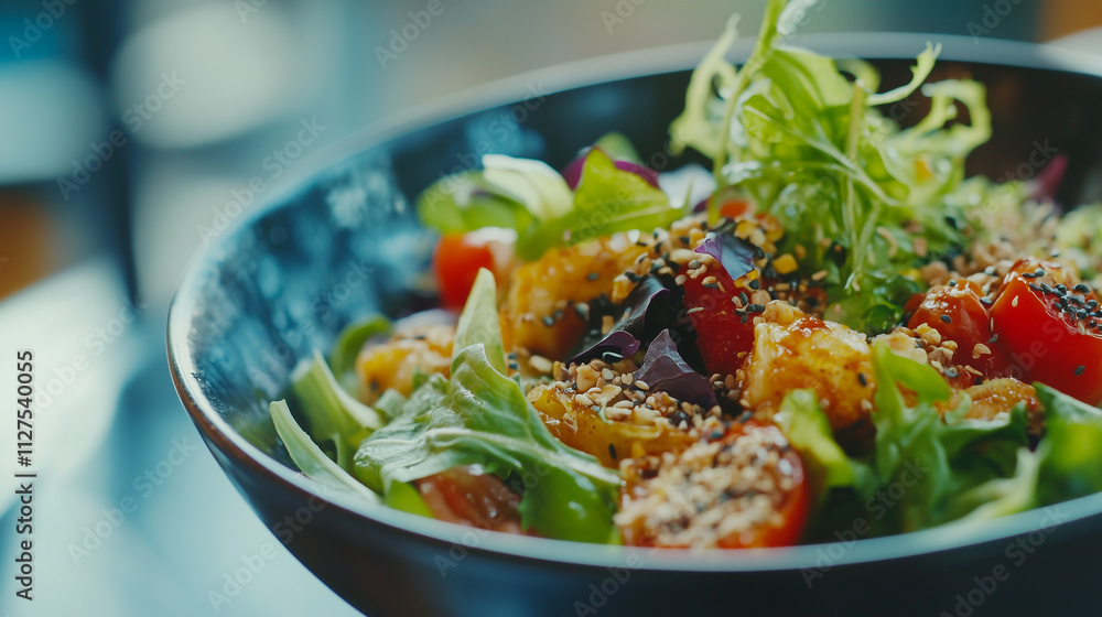 Vibrant and Nutritious Salad Artfully Presented in a Minimalist Kitchen, Showcasing Fresh Ingredients and Culinary Creativity