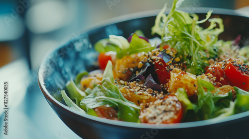Obraz na płótnie Vibrant and Nutritious Salad Artfully Presented in a Minimalist Kitchen, Showcasing Fresh Ingredients and Culinary Creativity w salonie