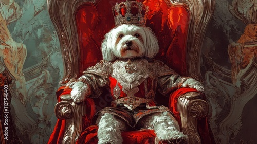 A regal dog in royal attire seated on an ornate throne, embodying majesty and humor. photo