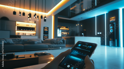 Futuristic Home Automation Showcasing Smart Devices Controlled by a Smartphone in a Sleek, Modern Setting