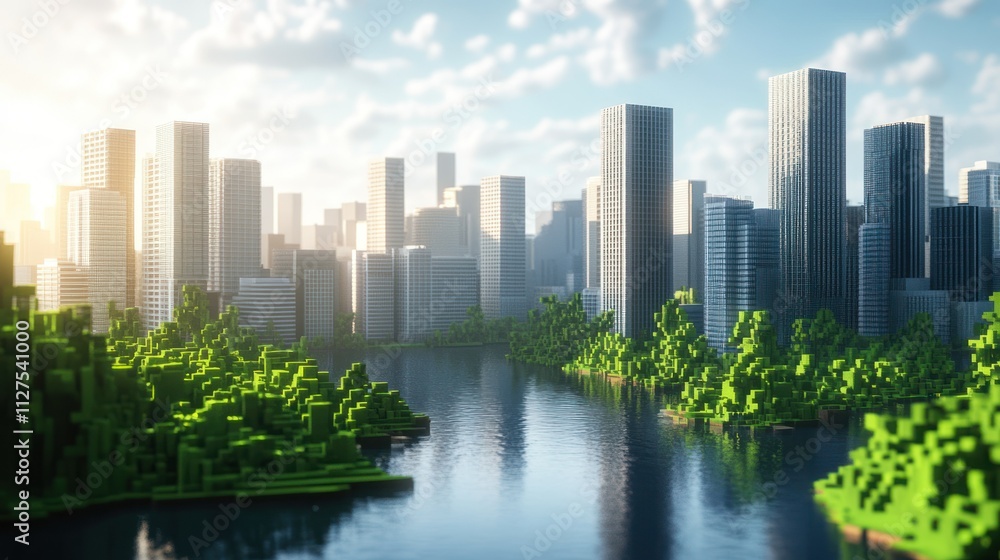 A vibrant cityscape featuring modern skyscrapers alongside a serene river and lush greenery. A vibrant cityscape featuring modern skyscrapers alongside a serene river and lush greenery.