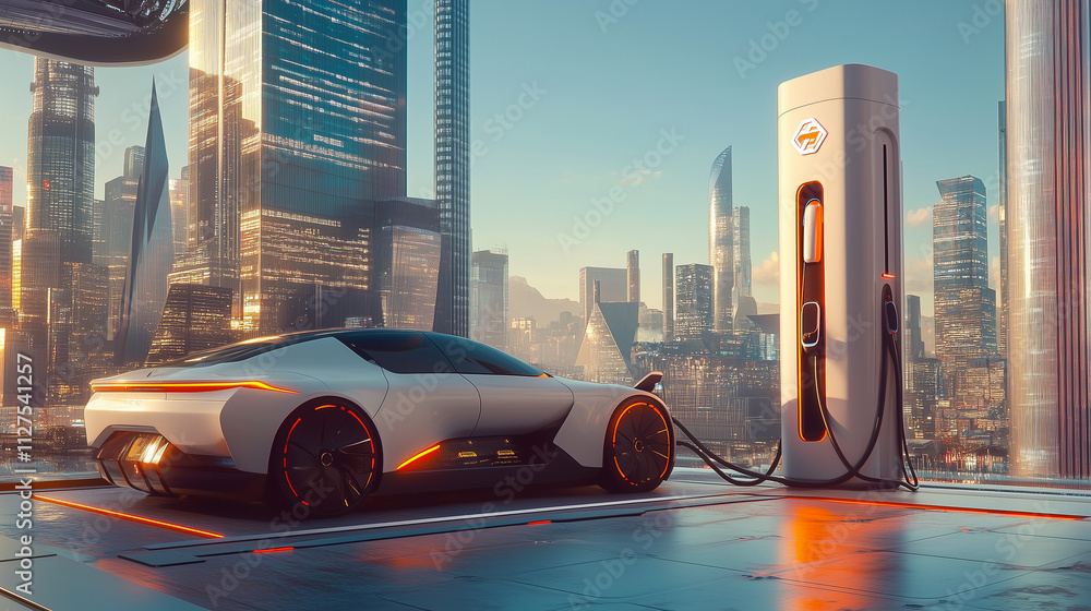 Electric Vehicle Charging in a Futuristic Cityscape Showcasing Eco-Friendly Urban Mobility Solutions