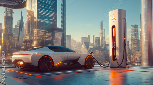 Obraz na płótnie Electric Vehicle Charging in a Futuristic Cityscape Showcasing Eco-Friendly Urban Mobility Solutions w salonie