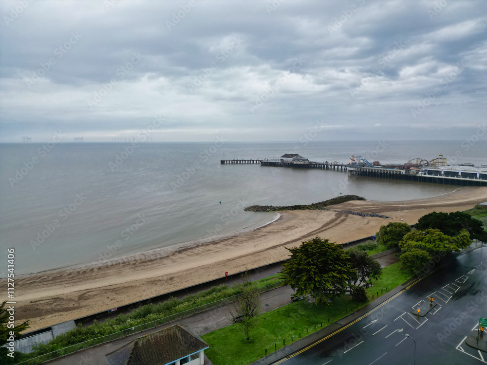 High Angle View of Most Beautiful and Attractive British Tourist Attraction British Beach and Ocean at Clacton on Sea City of England United Kingdom. Aerial Footage Was Captured on May 21st, 2024 High Angle View of Most Beautiful and Attractive British Tourist Attraction British Beach and Ocean at Clacton on Sea City of England United Kingdom. Aerial Footage Was Captured on May 21st, 2024