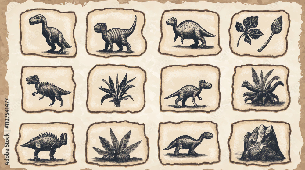 Naklejka premium Fossil dinosaur archaeology stone vector icon set. Sea animal and ancient plant stamp texture drawing isolated cartoon illustration collection. Dig insect and shell impression silhouette clipart