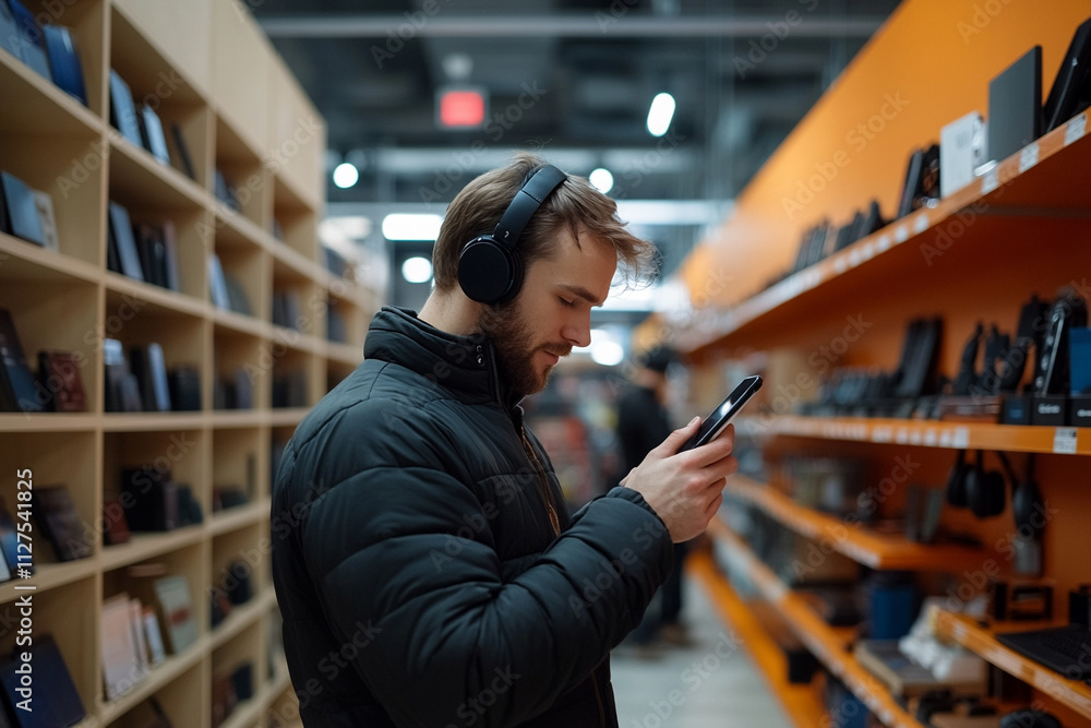 Man using smartphone while wearing headphones in store Man using smartphone while wearing headphones in store