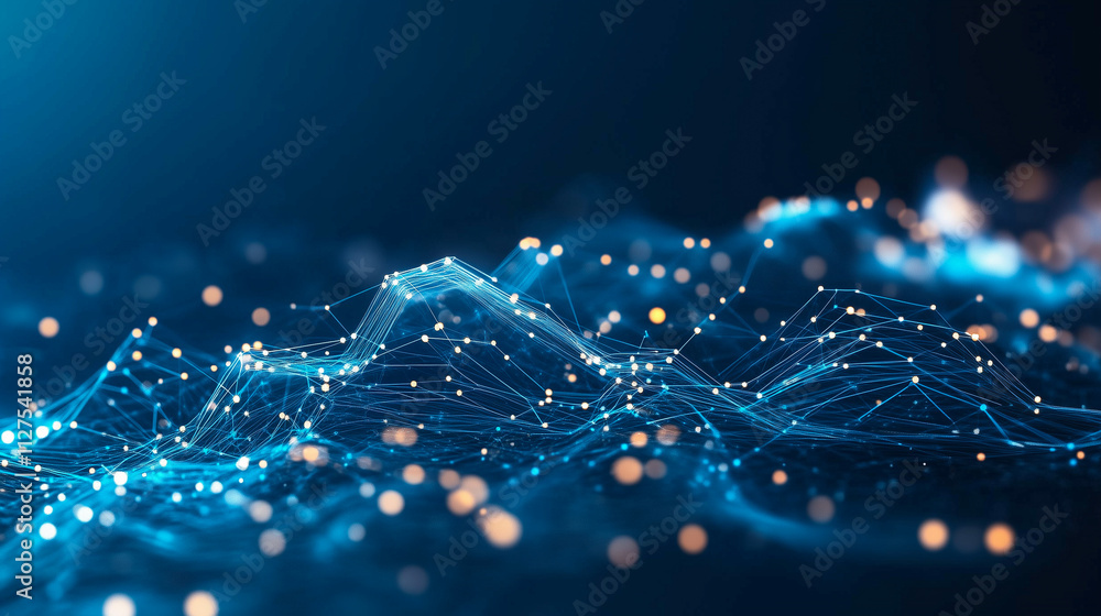 Futuristic Glowing Data Landscape With Interconnected Lines and Translucent Charts in a Dark Blue Setting for Tech Presentations