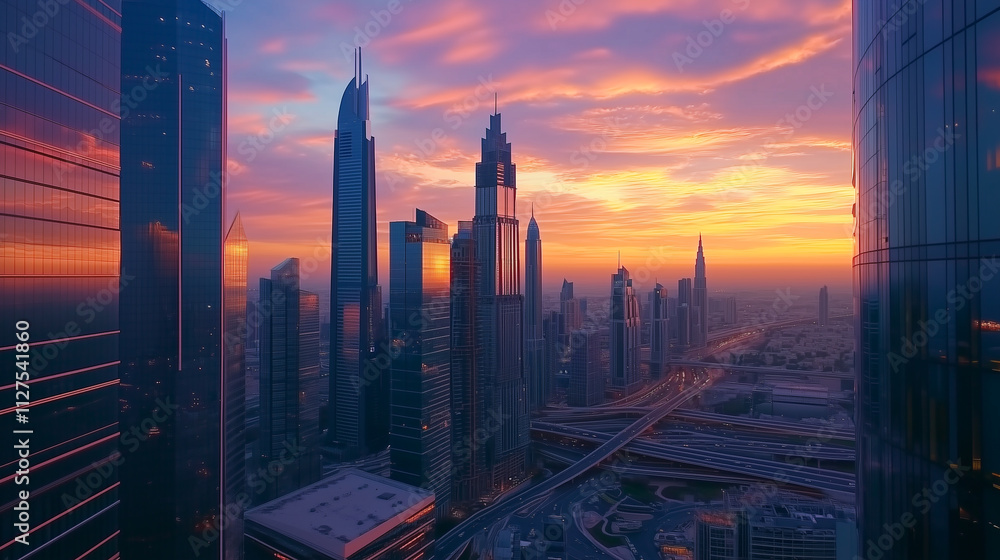 Captivating Sunset Panorama Over a Modern City Skyline Showcasing Vibrant Hues of Pink and Gold Reflecting off Towering Skyscrapers