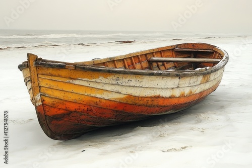 A boat sits on a beach covered in snow, creating a unique and peaceful winter scene photo