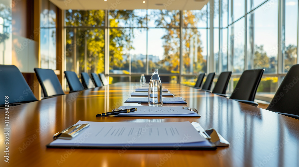 Bright Conference Room With Polished Table and Documents Highlights a Professional Atmosphere for Strategic Discussions and Planning