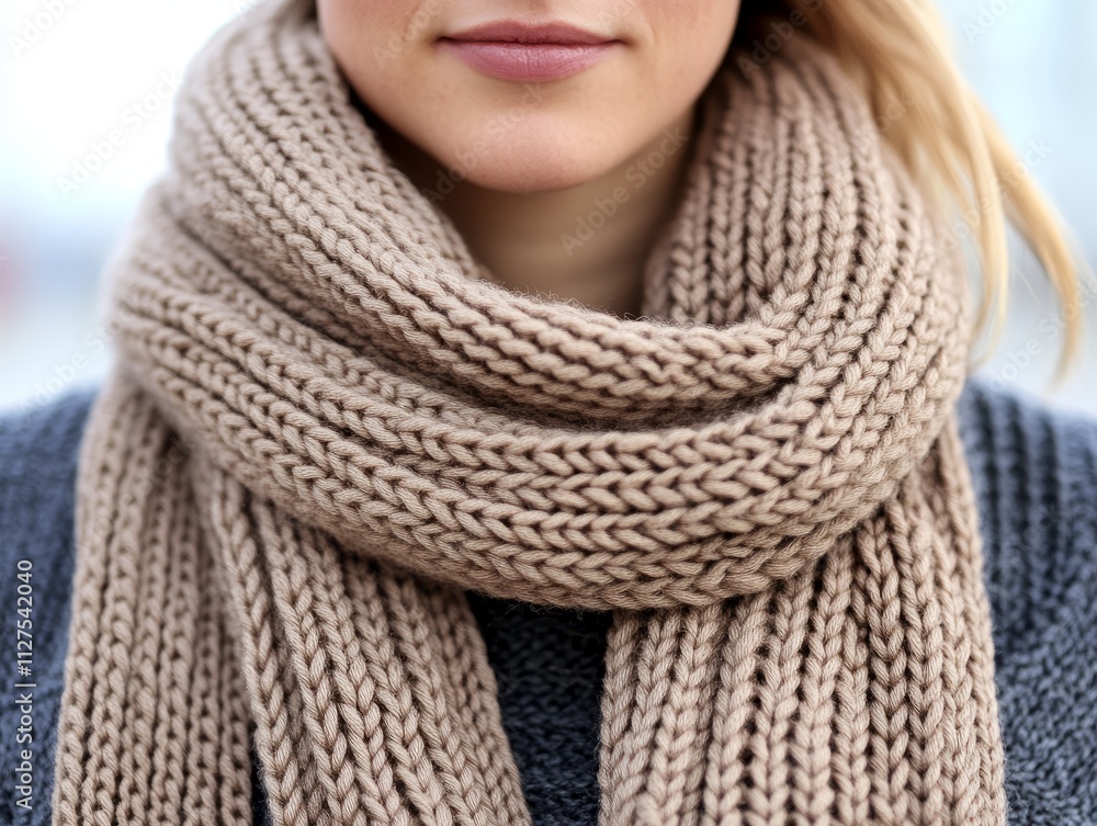 Woman wearing warm knitted scarf in winter: fashion and comfort combined Woman wearing warm knitted scarf in winter: fashion and comfort combined