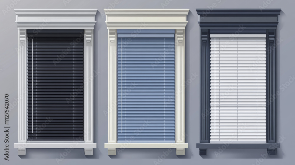 Windows with jalousie and roller shutter curtains. Plastic pvc single casement blinds front view. Home facade design elements isolated on transparent background, Realistic 3d vector illustration, set Windows with jalousie and roller shutter curtains. Plastic pvc single casement blinds front view. Home facade design elements isolated on transparent background, Realistic 3d vector illustration, set