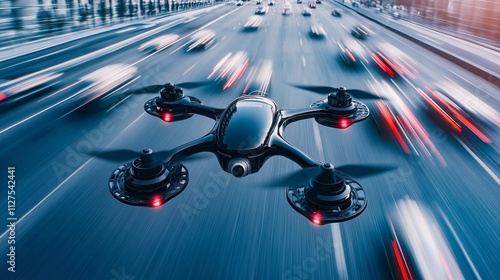 Big modern drone with camera controls highway road speed of cars and road conditions