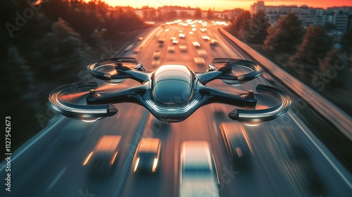 Modern drone with camera controls highway road speed of cars