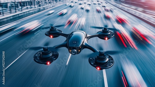 Futuristic drone with camera controls highway road conditions