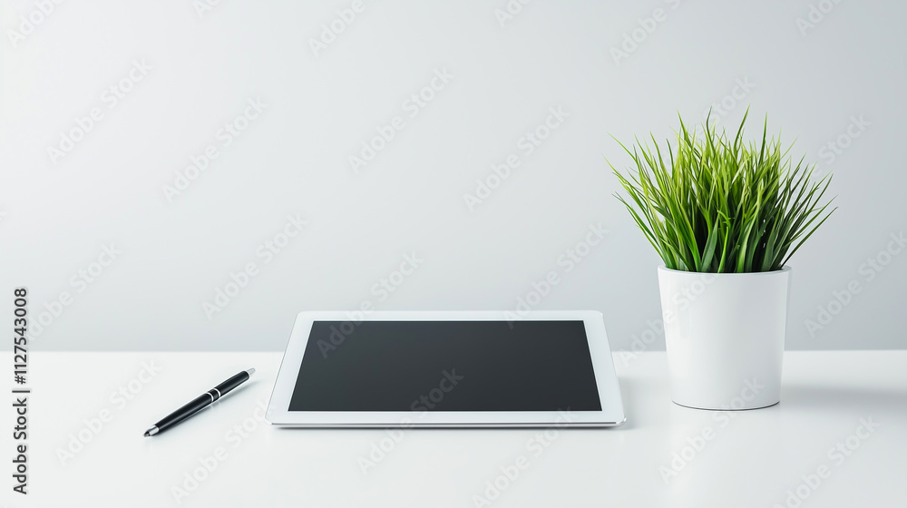 Minimalist Desk Design Showcasing a Digital Tablet and Pen Against a Bright Room Backdrop for Creative Inspiration and Modern Innovation