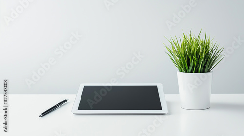 Obraz na płótnie Minimalist Desk Design Showcasing a Digital Tablet and Pen Against a Bright Room Backdrop for Creative Inspiration and Modern Innovation w salonie