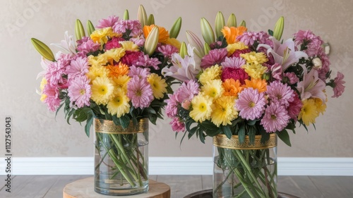 Wallpaper Mural Vibrant Floral Bouquets in Elegant Vases. Stunning arrangements of colorful flowers featuring lilies, daisies, and chrysanthemums in stylish glass vases. Torontodigital.ca