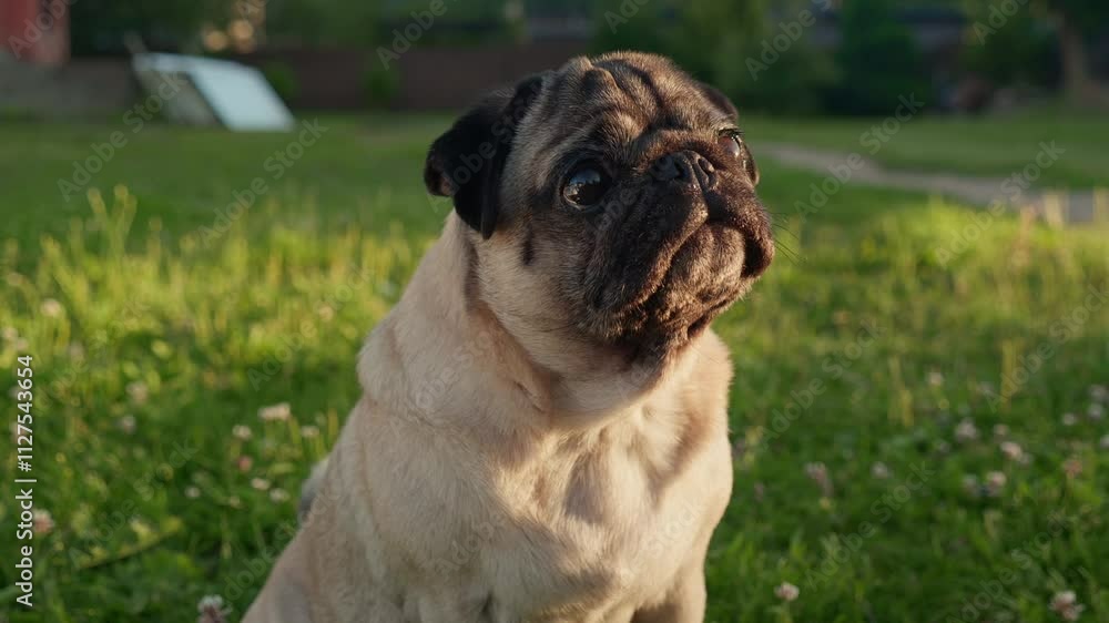 Cute pug dog eating cheese treats from hand owner during training for obedience outdoors. Man given treats and food for dog and having fun best friends together Cute pug dog eating cheese treats from hand owner during training for obedience outdoors. Man given treats and food for dog and having fun best friends together