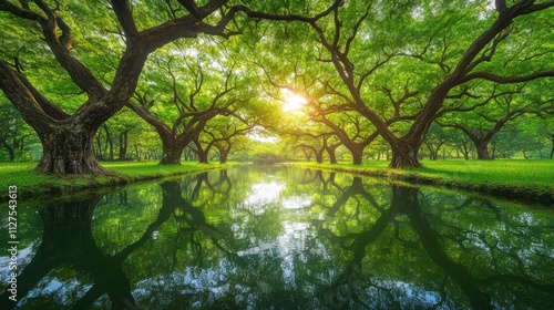 Sunlit trees arching over a calm canal, reflecting in tranquil water.