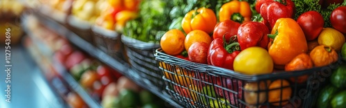 Metal shopping basket filled with colorful fresh vegetables in a grocery store