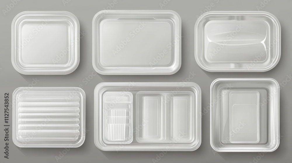 White plastic trays, package with clear film for food. Empty styrofoam containers different shapes in top view isolated on transparent background, vector realistic illustration White plastic trays, package with clear film for food. Empty styrofoam containers different shapes in top view isolated on transparent background, vector realistic illustration