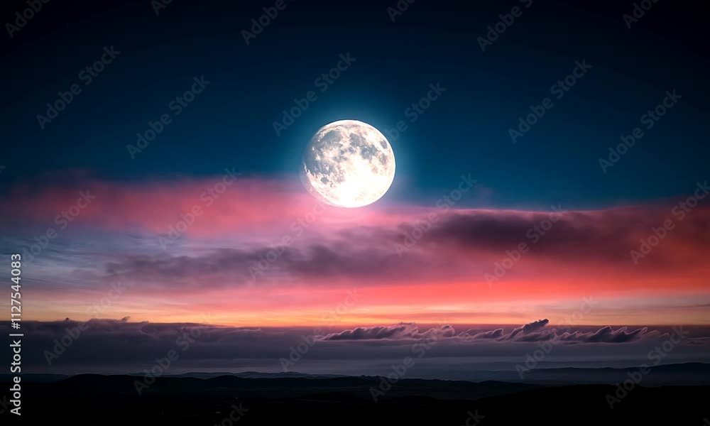Serene sunset landscape with a large, bright moon in the sky above dark clouds and distant hills. Serene sunset landscape with a large, bright moon in the sky above dark clouds and distant hills.