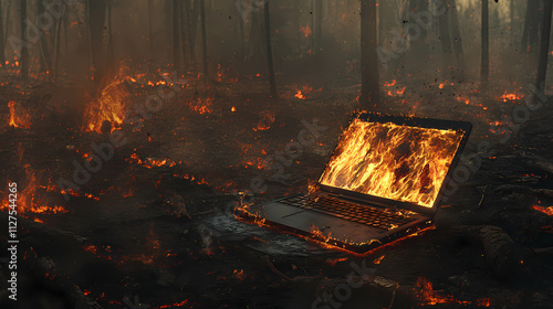 A burning laptop lays on the ground amidst an ashen landscape during a forest fire. Ashen. Illustration
