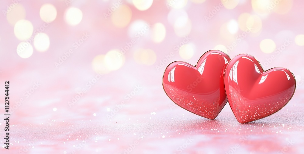 Two glossy pink hearts on a soft, sparkling background. Two glossy pink hearts on a soft, sparkling background.