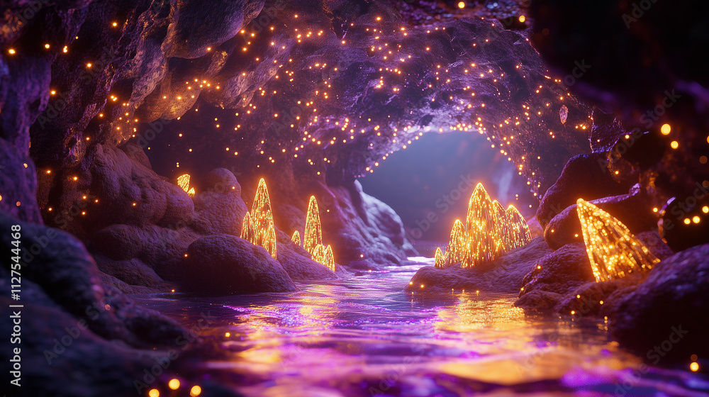 Obraz premium A mystical cave features sparkling crystals and a serene water stream
