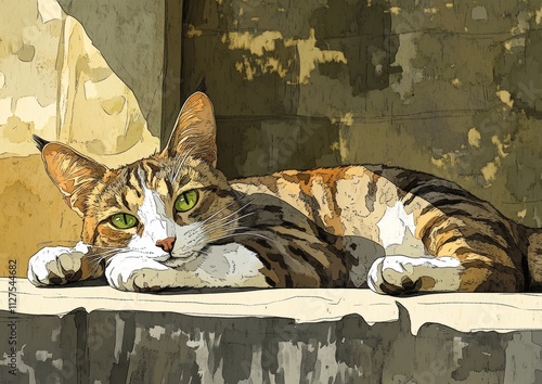 A digitally enriched image of a grey tabby cat, using a photosketch technique to simulate a watercolor effect, imparting an artistic quality to the picture. photo