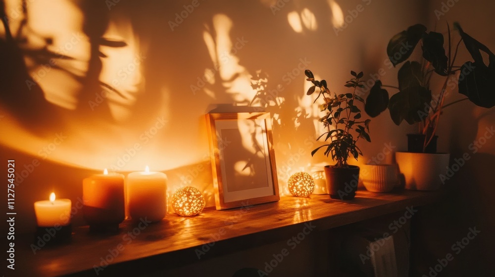 Warm sunset light casts shadows on a wooden shelf with candles, plants, and a blank photo frame. Warm sunset light casts shadows on a wooden shelf with candles, plants, and a blank photo frame.