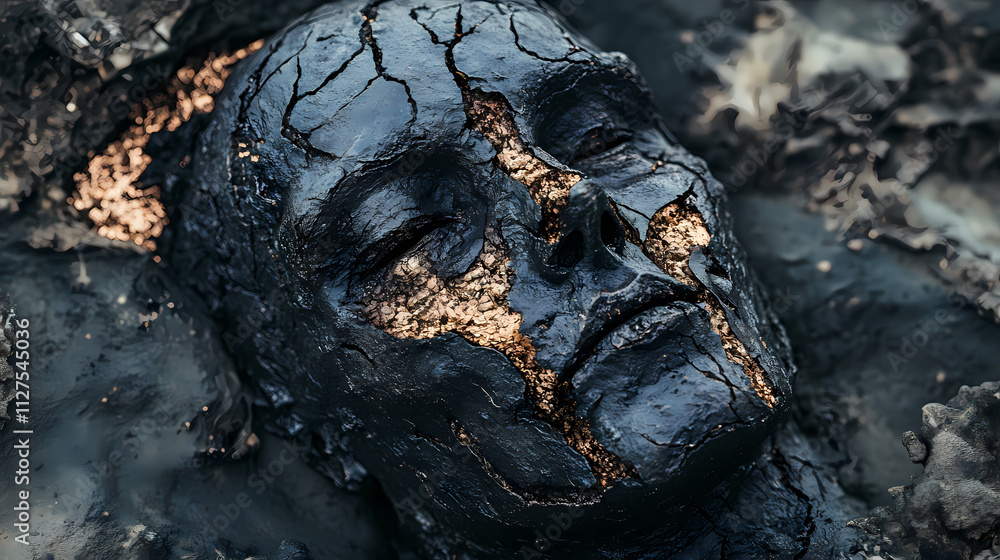 Fototapeta premium A charred and ashen face, fossilized in a state of perpetual horror. Ashen. Illustration