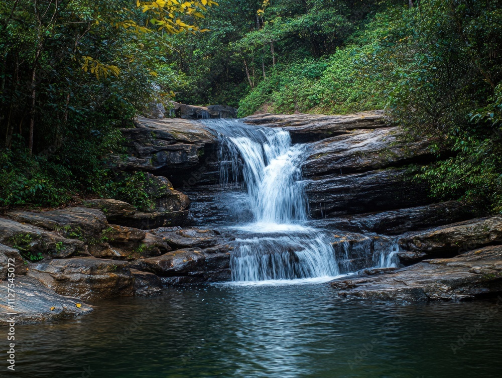 Serene waterfall cascades over mossy rocks. Serene waterfall cascades over mossy rocks.