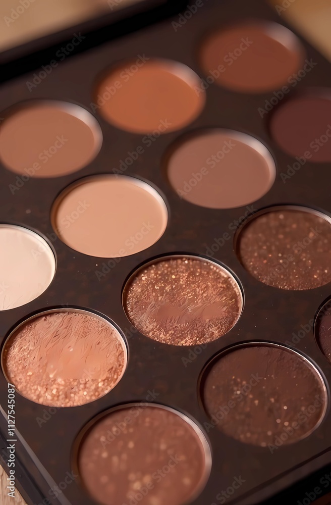 Eyeshadow colorful shades palette in mocha mousse tones close-up Eyeshadow colorful shades palette in mocha mousse tones close-up