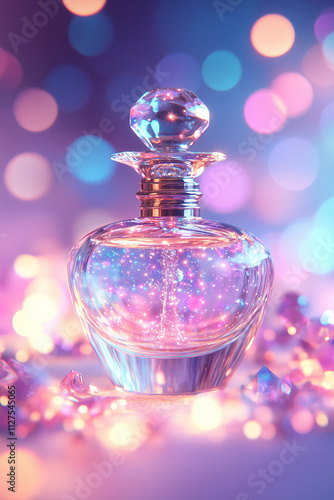 A glass perfume bottle is illuminated by vibrant lights and crystals