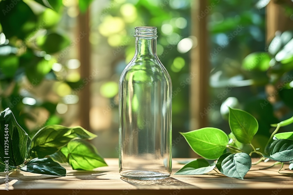 empty reusable glass bottle standing on wooden table surrounded by green leaves promoting sustainability empty reusable glass bottle standing on wooden table surrounded by green leaves promoting sustainability