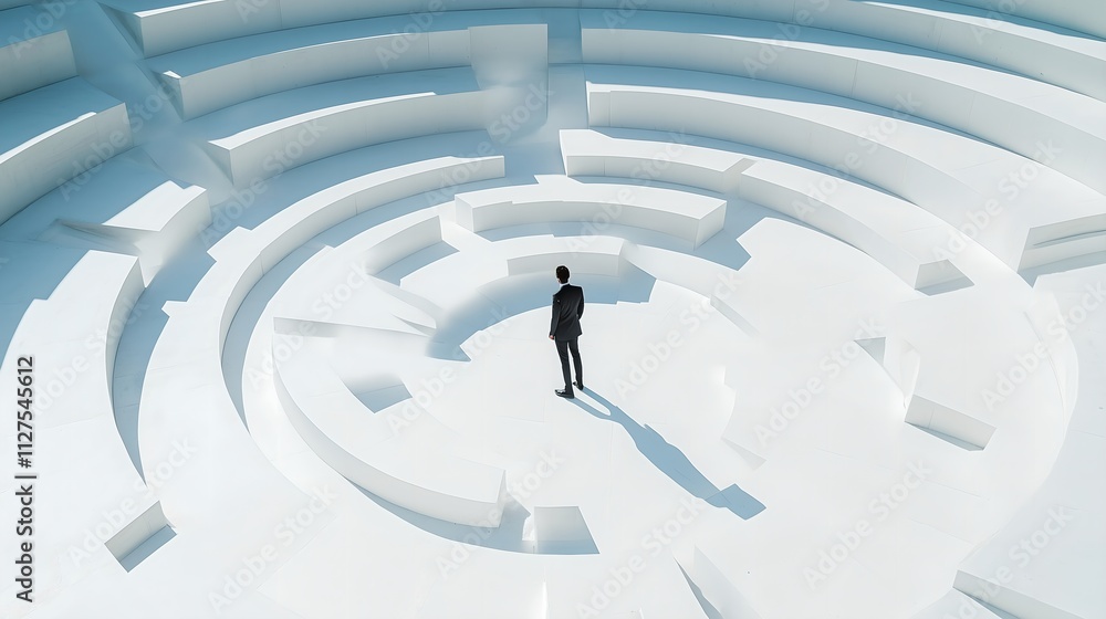 businessman stands facing a complex maze pattern, symbolizing challenges and decision-making in professional life businessman stands facing a complex maze pattern, symbolizing challenges and decision-making in professional life