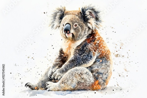 A koala rendered in minimalist watercolor style on white, with a cute and comical touch. photo