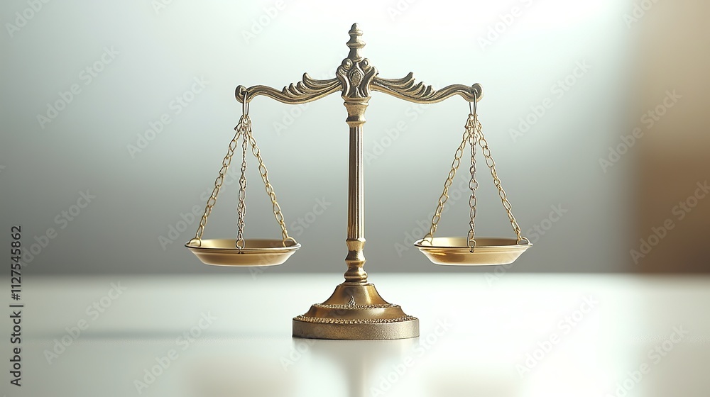 close-up of balanced golden scale placed on smooth white surface symbolic of fairness close-up of balanced golden scale placed on smooth white surface symbolic of fairness