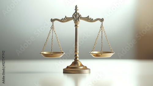 close-up of balanced golden scale placed on smooth white surface symbolic of fairness photo