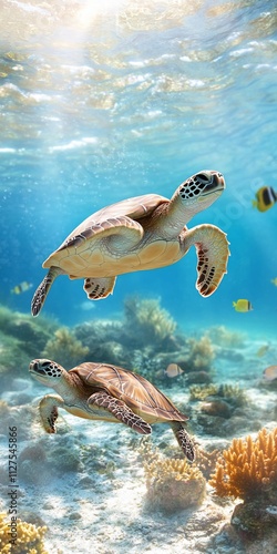 Two sea turtles swimming in a vibrant underwater scene.
