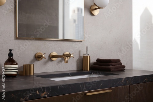 A modern vanity with a dark marble surface, bold brass fixtures, and a full-wall mirror in a stylish, sophisticated bathroom photo