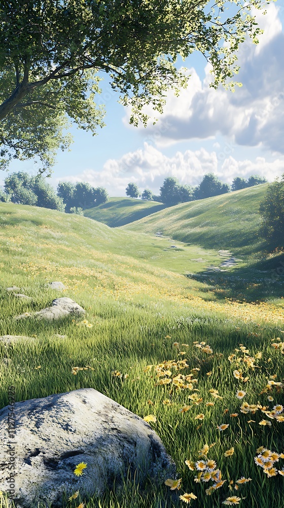 Fototapeta premium A serene landscape featuring rolling hills, lush grass, and vibrant wildflowers under a blue sky.