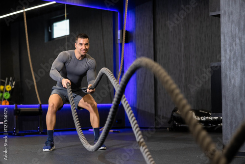 Εκτύπωση καμβά An athletic man demonstrates a full-body workout using battle ropes found in a sophisticated gym setting, emphasizing his dedication to health and fitness goals