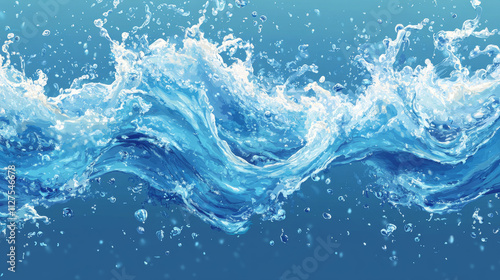 Liquid water splashes, falling aqua drops, sea or ocean waves and swirl. Blue water motion effects, flows, streams, spills and crown shape isolated on background, vector cartoon set photo