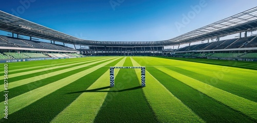 A rugby field with striped grass, H-shaped goalposts, and a modern stadium design featuring clear sightlines for every seat photo