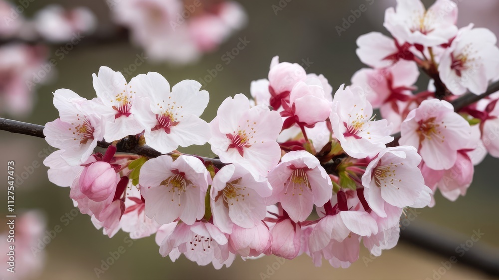 Obraz premium Delicate Cherry Blossom Branch in Full Bloom. A stunning close-up of pink cherry blossoms in full bloom, showcasing their intricate petals and natural beauty against a soft background.