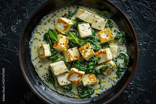 Pan-seared tofu served with sautéed spinach in a savory sauce photo