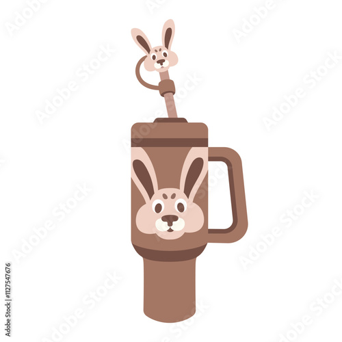 Tumbler for water and hot drinks. Custom bottle with bunny. Reusable thermos mug tumbler bottle, travel coffee cup and thermos. Trendy Mocha mousse Color cup for shops, brand. Vector illustration.